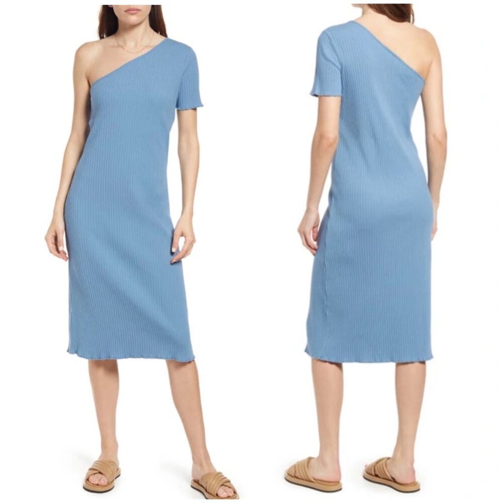 NEW Rails Rania Dress Blue One Shoulder Ribbed‎ Comfortable Shift Midi Dress M